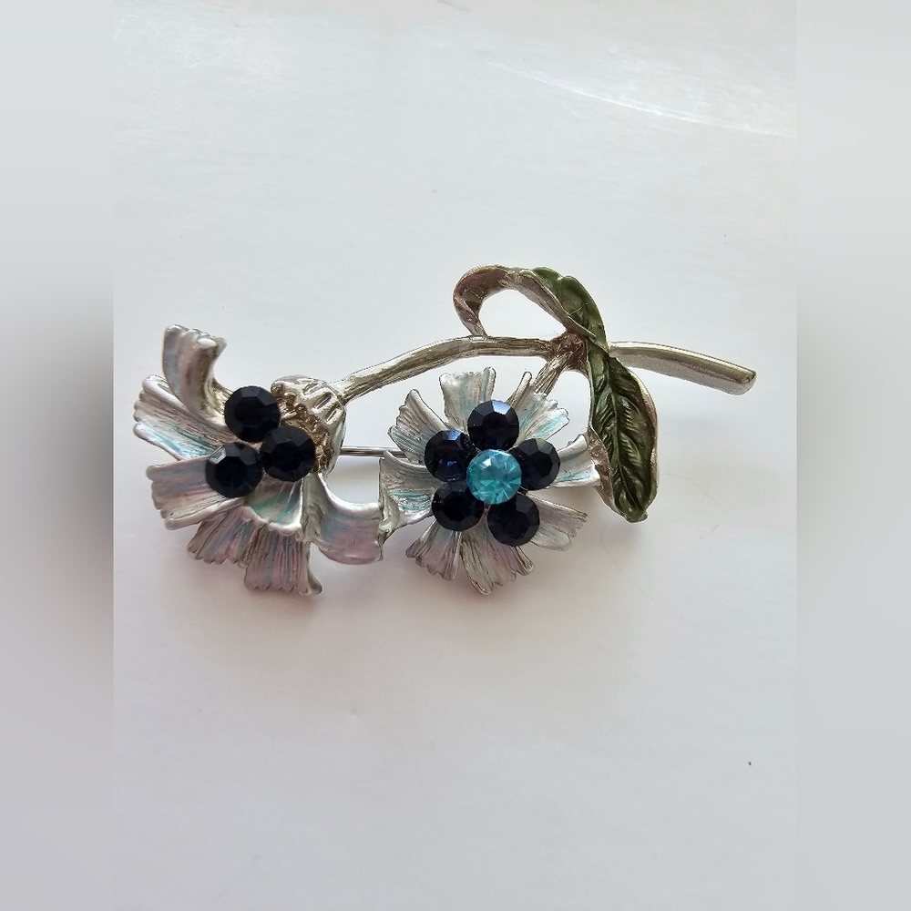 Vintage 1950s/60s Floral Spray Brooch Navy & Aqua Rhinestones Silver Tone
